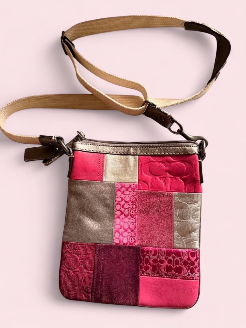 Coach Pink Patchwork Crossbody Bag with Metallic Accents